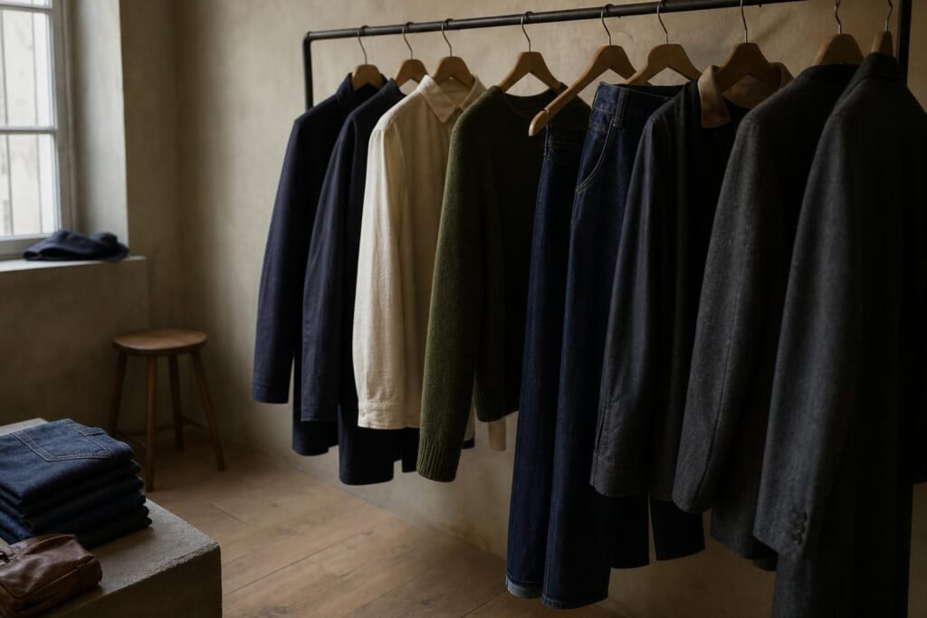 漆喰の壁の店に、無地の服が並ぶレール