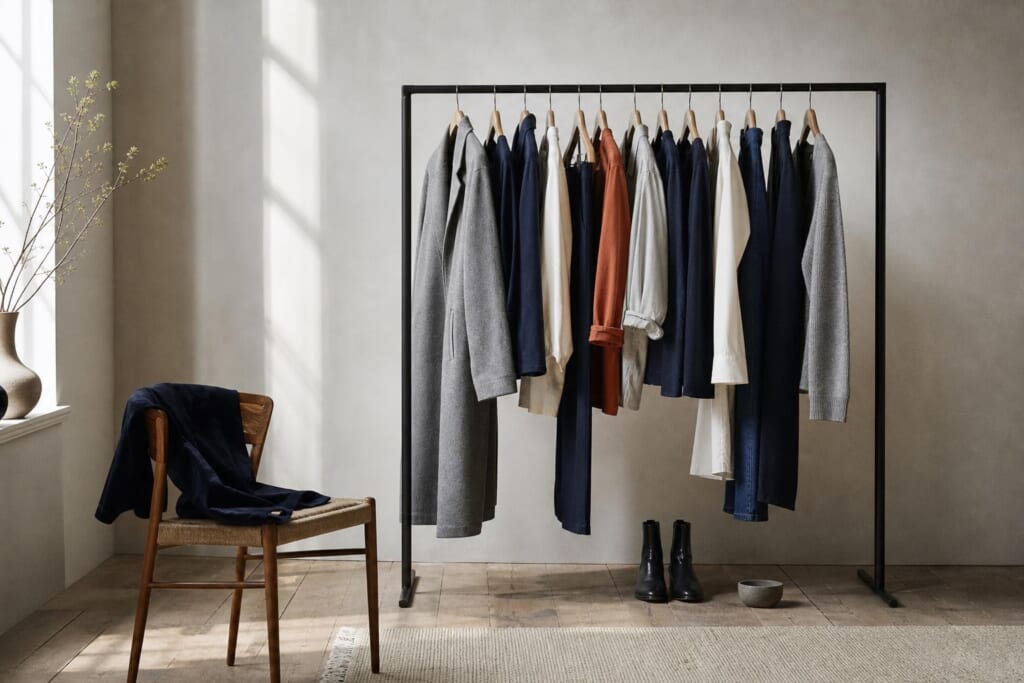 グレー、ネイビー、クリーム色の服が掛かった、シンプルなラック