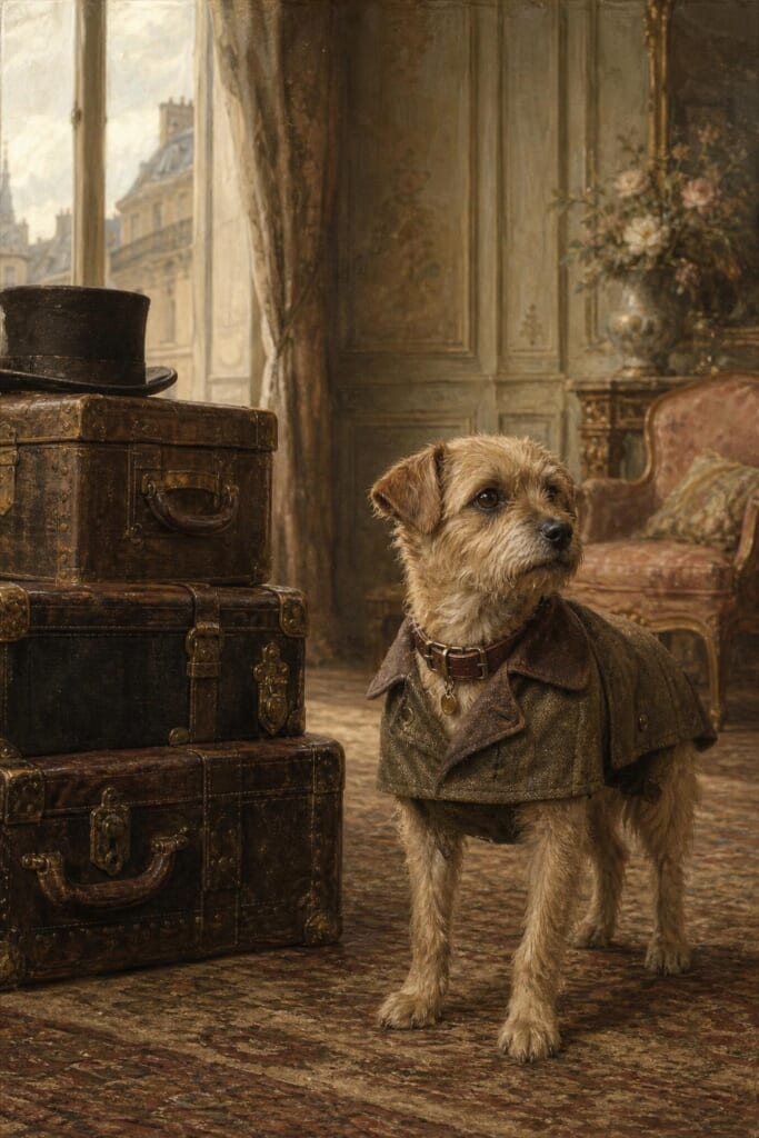 旅行用の外套を着た犬が、トランクの横に立っている絵