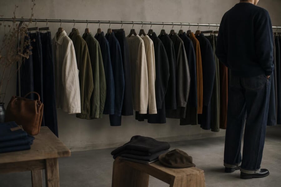 ネイビー、生成り、オリーブ、チャコールの無地の服が並ぶレール