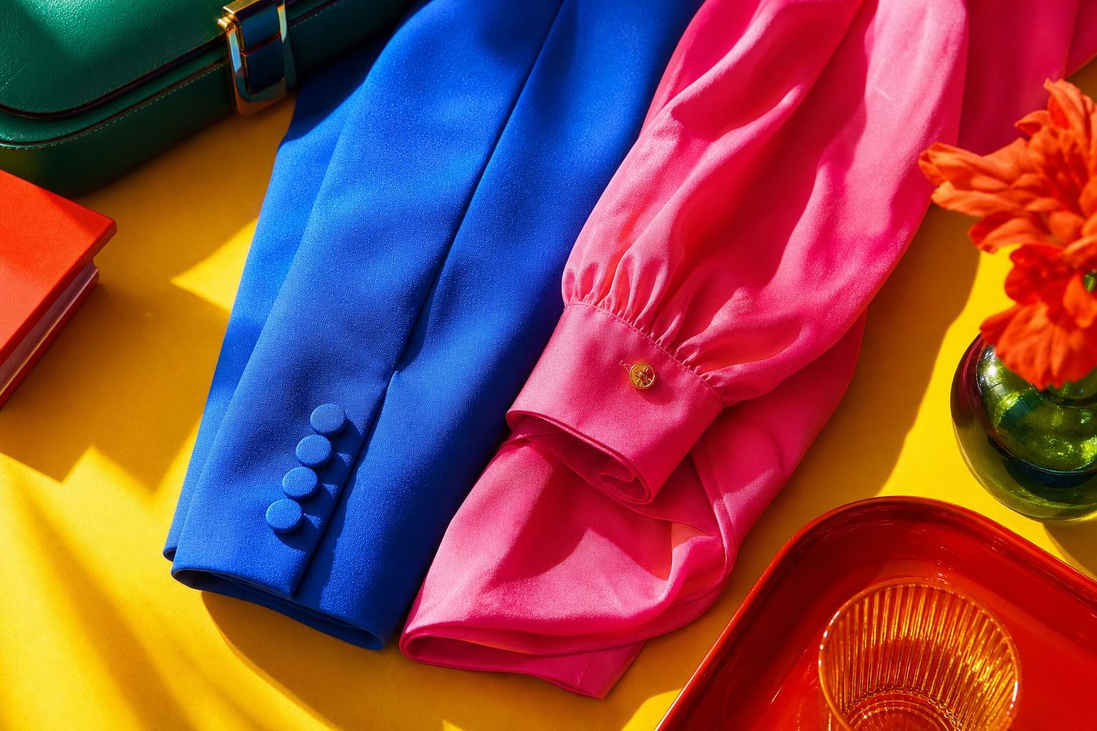 コバルトブルーの上着の袖と、ピンクのブラウスの袖が重なって置かれている