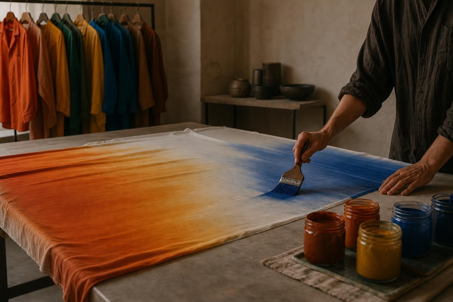 白いシルクに、オレンジから青のグラデーションを描く手元