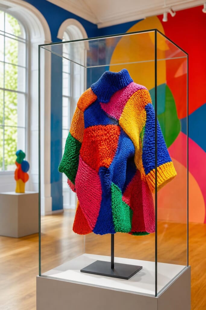 ガラスのケースに展示された、色とりどりの手編みの服
