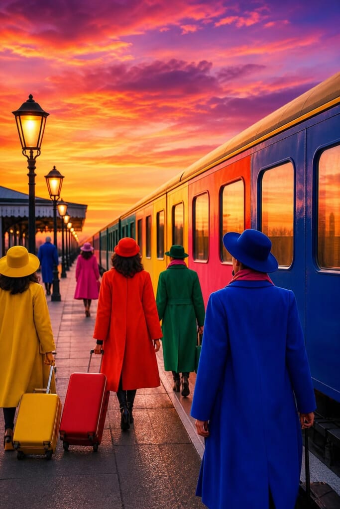 オレンジと紫の夕焼けの下、駅のホームに停まる列車