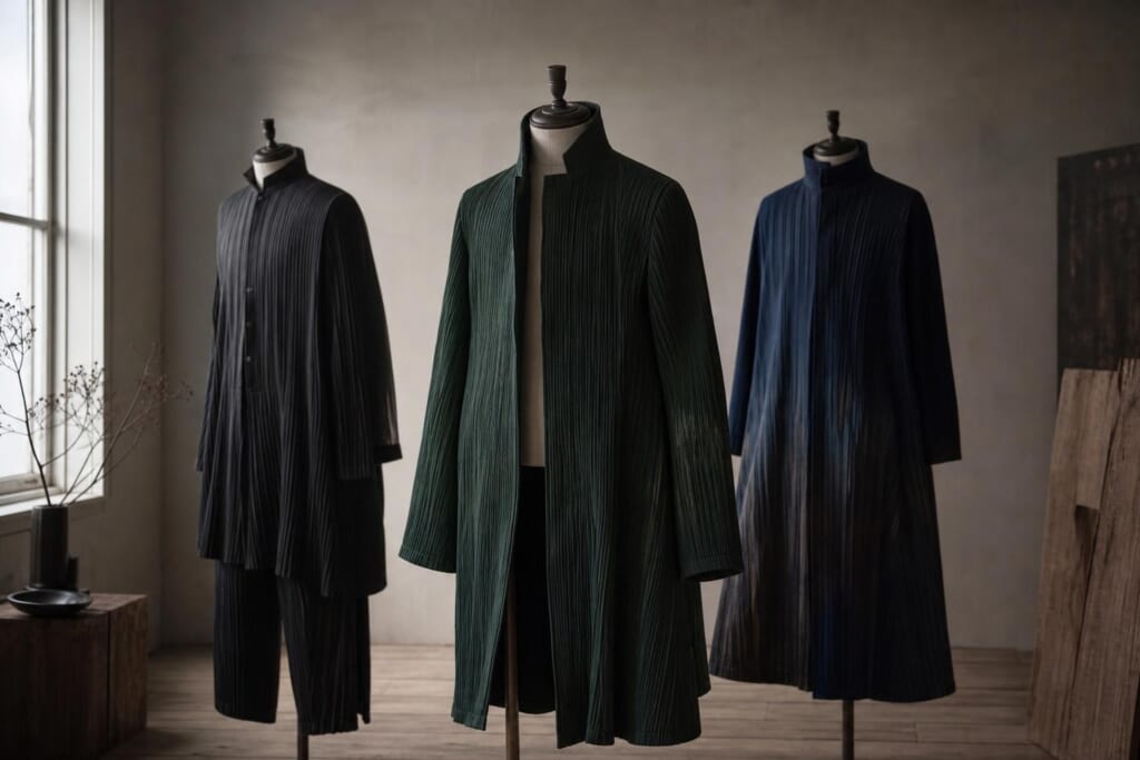 黒、深い緑、紺のプリーツのコートを着た3体のドレスフォーム