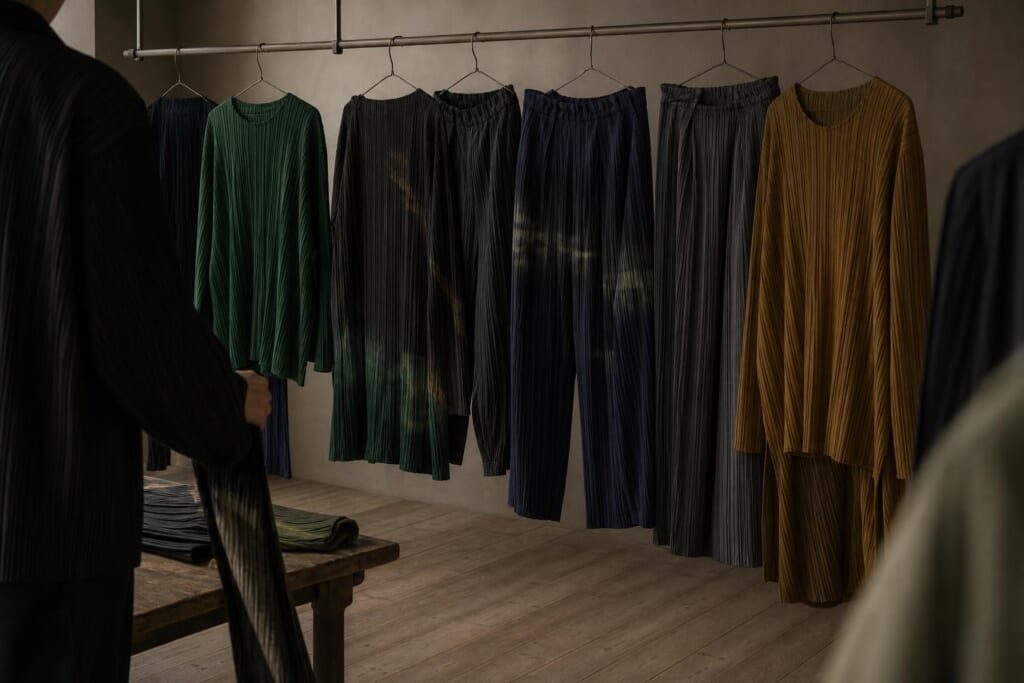 緑、紺、チャコール、からし色のプリーツの服が、長いレールに掛かる工房