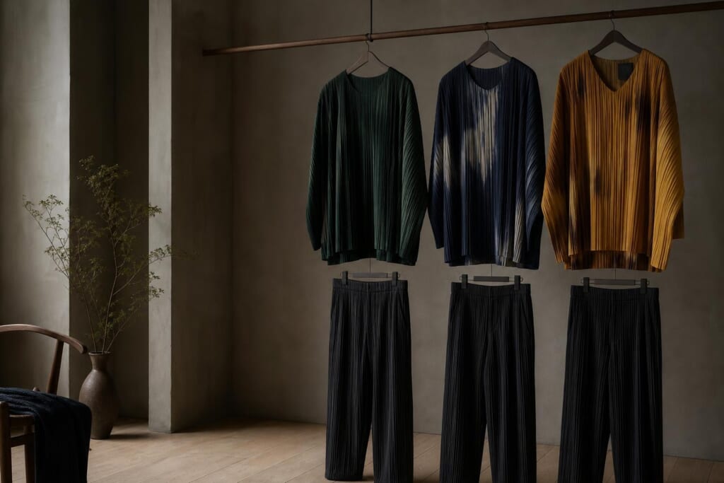緑、紺、からし色のプリーツのトップスと、黒のプリーツのパンツ