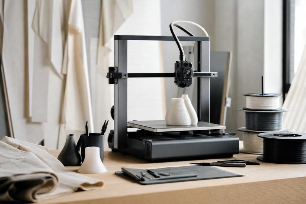 白い小さな物を層に重ねて造形している3Dプリンター