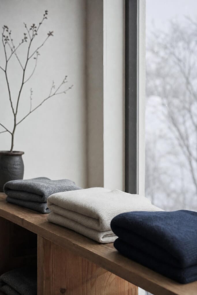 雪景色の窓辺の木の棚に、畳んだ灰色、生成り、紺のセーター
