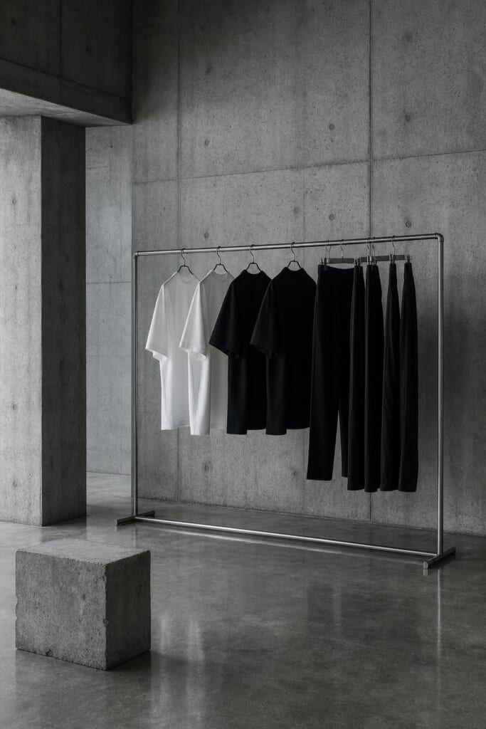 コンクリートの部屋に、白と黒の服が掛かった金属のラック