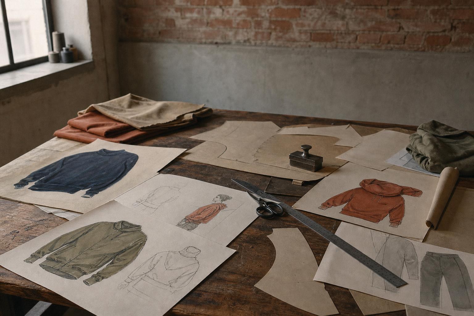 服のスケッチ、型紙、布の見本が並ぶ作業机