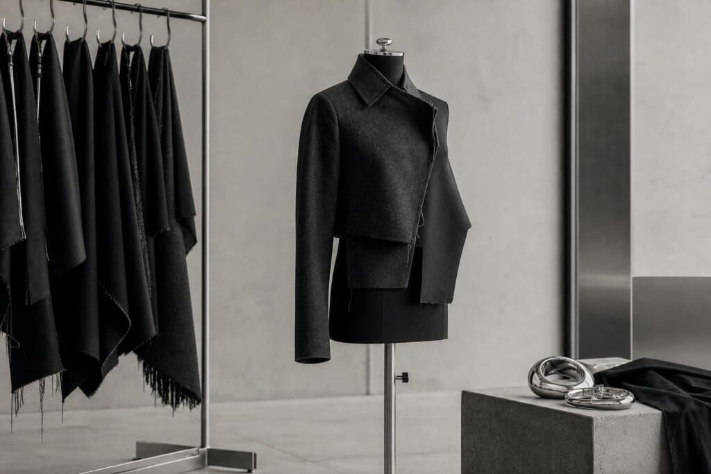 黒いドレスフォームに、炭色のウールのジャケットが掛かっている