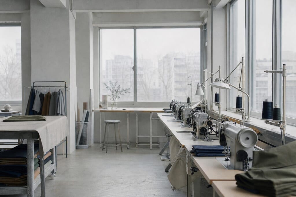 窓際にミシンが並ぶ、明るい縫製の部屋