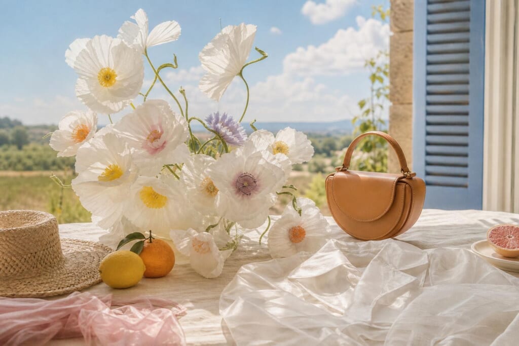 白い紙の花と、透ける白いオーガンジーのジャケット、小さな革のバッグ