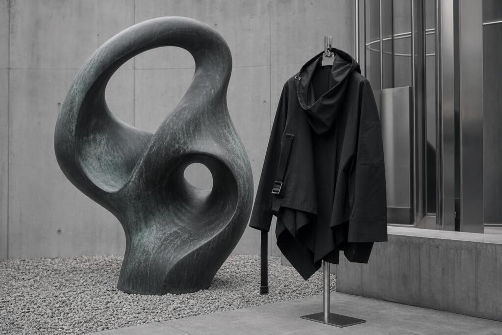 屋外の曲線の彫刻と、横に置かれた黒い非対称のジャケット