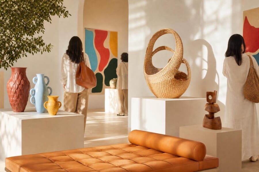 白い壁の明るい展示室に、陶器、編んだ籠、木の彫刻が並ぶ