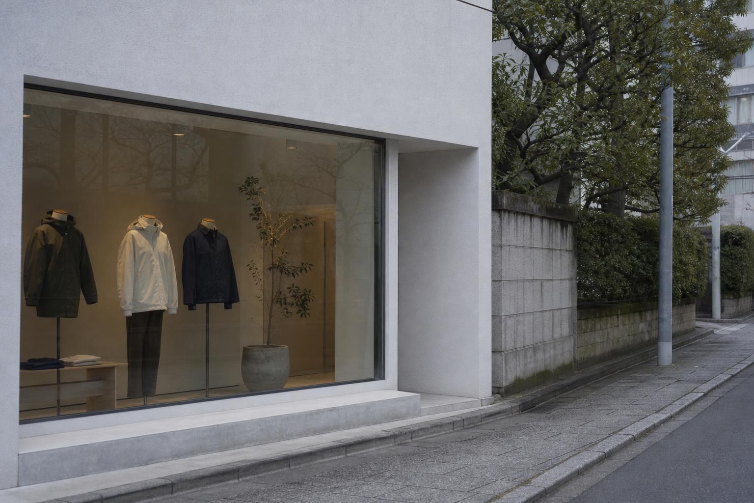 東京の静かな通りの、ガラス張りの小さな店と、無地の服を着たマネキン