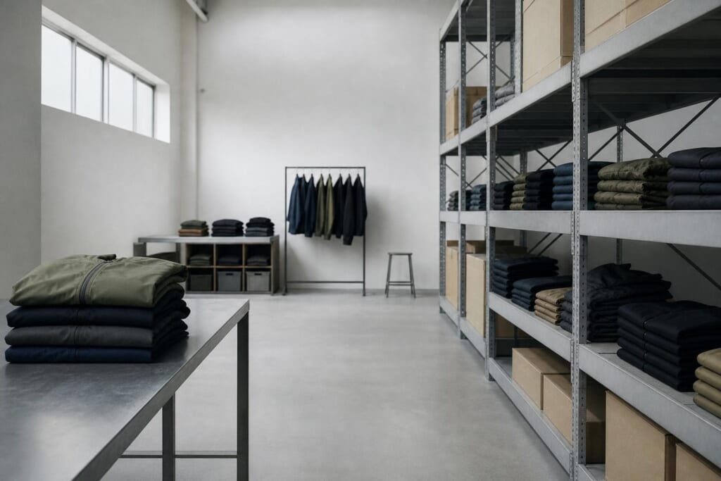 黒、灰、紺、カーキの服が畳んで並ぶ、倉庫の鉄の棚