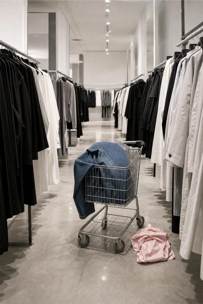黒、白、灰色の服が並ぶ店の通路に、デニムを入れたカート