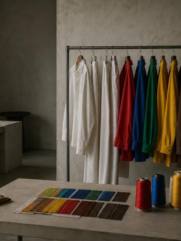 白い服のラックと、染めの見本、色とりどりの糸が並ぶ机