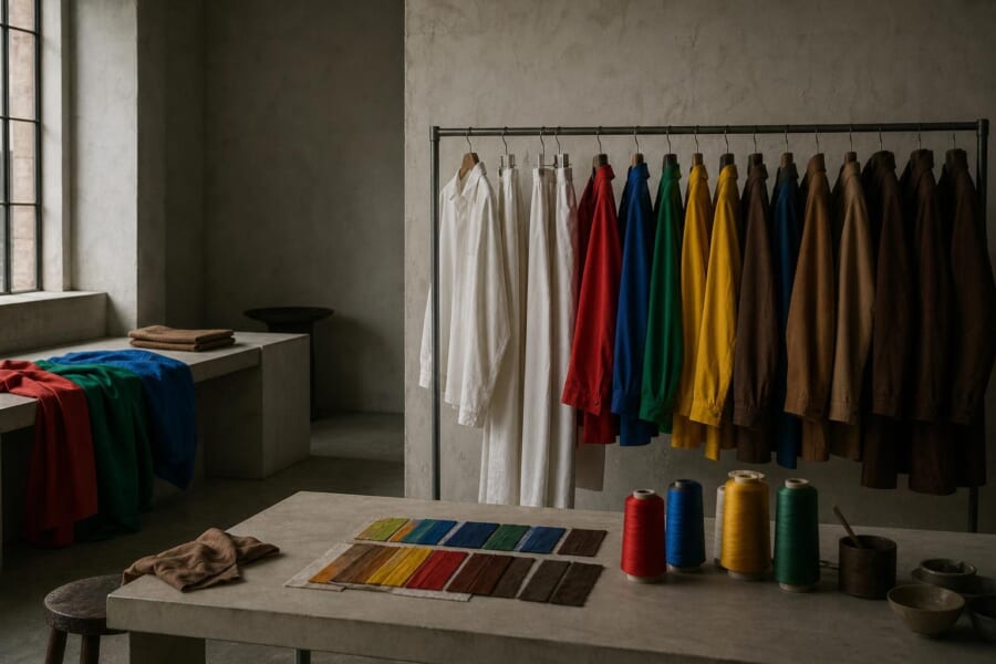 白い服のラックと、染めの見本、色とりどりの糸が並ぶ机