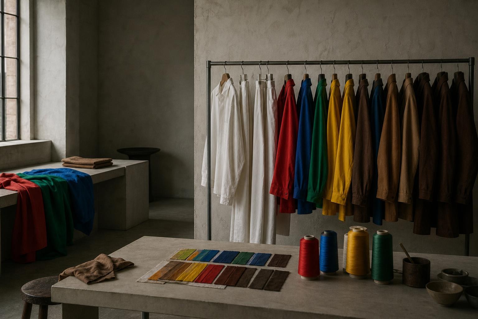 白い服のラックと、染めの見本、色とりどりの糸が並ぶ机