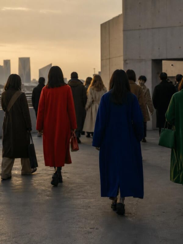 夕暮れのミラノの屋上を、色とりどりのコートで歩く人々の後ろ姿