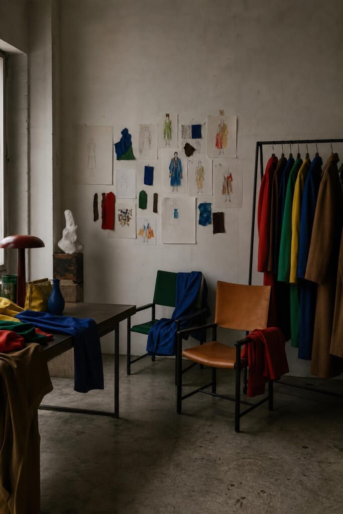 スケッチが貼られた壁と、色とりどりの服のラック、二つの椅子があるスタジオ