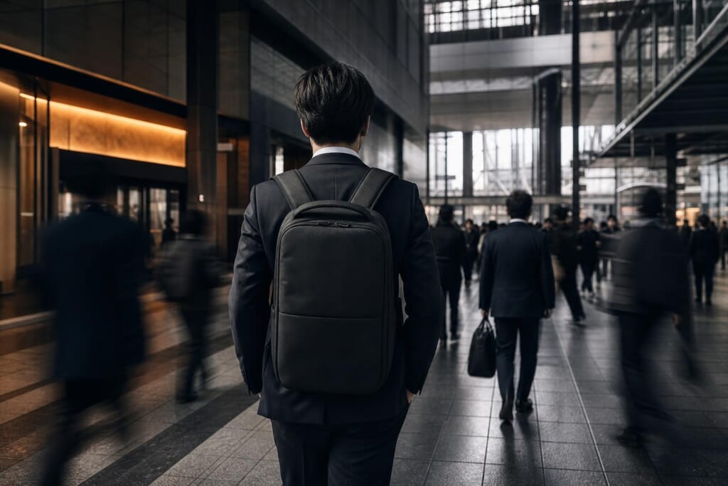 黒いバックパックを背負い、駅を歩く人の後ろ姿