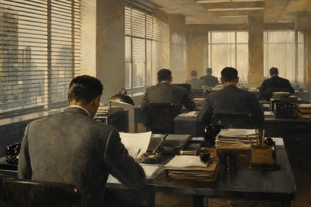 1950年代のアメリカのオフィスで、背広姿の人々が机に向かっている絵